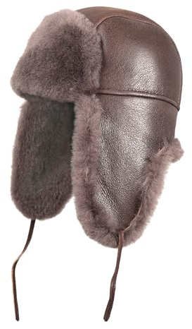 Zavelio Chapeau de trappeur en cuir de mouton russe en peau de mouton véritable avec cache-oreilles pour homme et femme