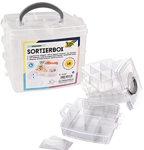 folia 43002 - Sortierbox, aus transparentem Kunststoff mit Tragegriff und 18 variablen Fächern auf 3 Ebenen, ca. 15 x 15 x 12,5 cm groß, für kleine Bastelmaterialien, Knöpfe, Perlen, Schmuck uvm.