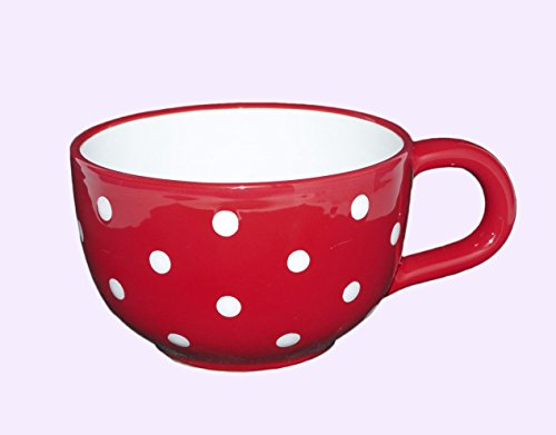 UNGARNIKAT - Jumbo Tasse 500ml mit Griff - Kaffeetasse Groß/Müsli Becher/Suppentassen mit Henkel - Rot mit handbemalte Weiße Punkten, Spülmaschinefest