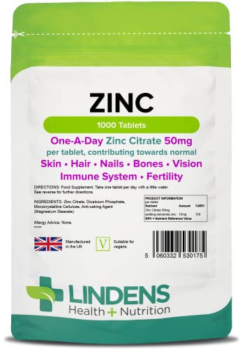 Lindens Zinc Citrate 50mg Tablets - 1000 Pack - High Strength 150% Nrv Dose Contributing Towards Normal Skin, Hair, Nails, Bones, Vision, Immune System and Fertility