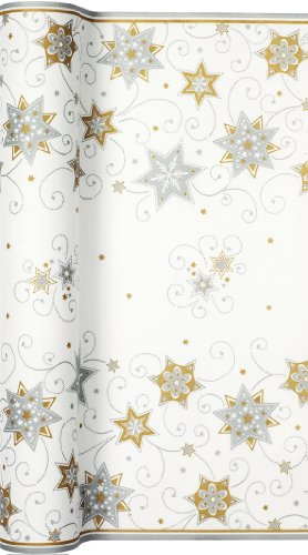 Tischläufer Rolle Stars and Swirls silver – Sterne & Wirbel silber/Airlaid/Tischband/Weihnachten 40cm x 4,90m