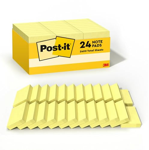 Post-it Notes, 1/3/8 x 1 7/8 in, 24 Sticky Notes Pads, 100 Sheets per Pad, Canary Yellow, The Original Post-it Note, School Supplies and Oﬃce Products