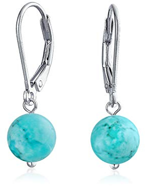 Boucles D'Oreilles Pendantes À Levier Avec Perles Rondes En Turquoise Stabilisée Pour Femmes En Argent Sterling .925 Pierre De Naissance De Décembre