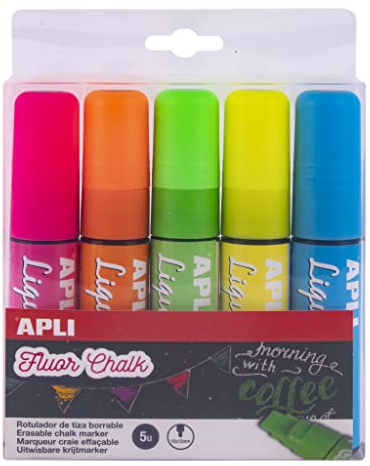 Apli - Pennarello a gesso liquido, misura grande, colori assortiti (confezione da 5)