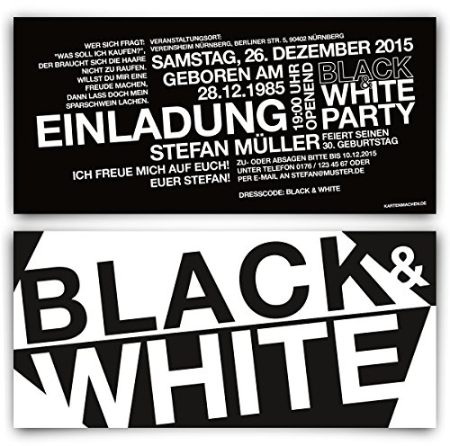 Geburtstag Einladungskarten (40 Stück) - Black & White - Schwarz Weiß Party Einladungen