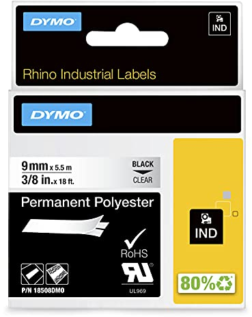 Dymo 18508DMO Nastri Industriali D1 9 mm x 5.5 m, Poliestere, Nero su Trasparente