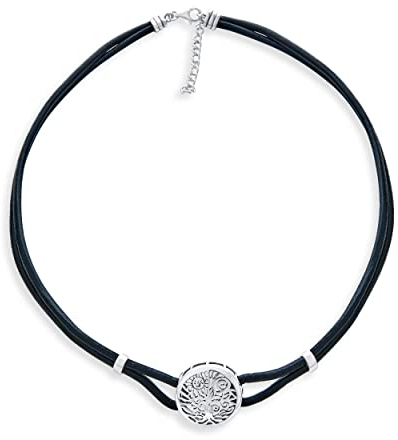 Round Disc Medallion Genuine Black Leather Celtic Sun Rising & Wishing Tree Of Life Collar Choker Necklace For Women .925 Sterling Silver