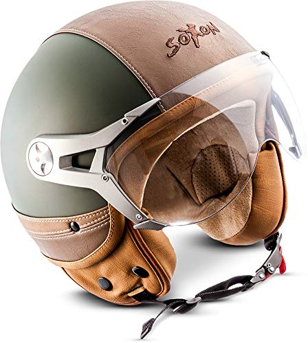Soxon® SP-325 Urban „Green“ · Jet-Helm · Motorrad-Helm Roller-Helm Scooter-Helm Moped Mofa-Helm Chopper Retro Vespa Vintage Pilot · ECE 22.05 Visier Leather-Design Schnellverschluss Tasche L (59-60cm)