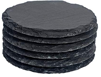 Argon Tableware Round Slate Coasters - 10cm - 6 Piece Drink Coasters Black Stone Natural Slate Drink Mat Cup Mats for Kitchen, Bar, Restaurant, Weddings, Events