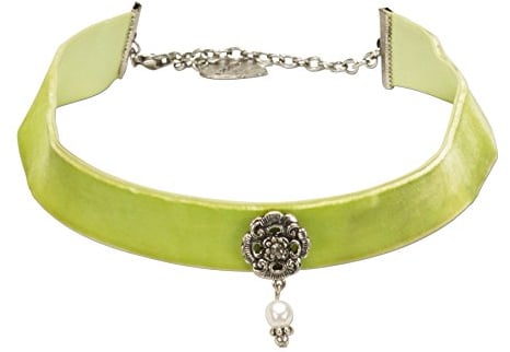 Alpenflüstern Trachten-Samt-Kropfband Elfrida mit Ornament und Perle - nostalgische Trachtenkette enganliegend, Kropfkette elastisch, Damen-Trachtenschmuck, Samtkropfband breit hell-grün DHK168