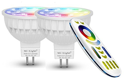 lighteu®, 2x 4W 12V GU5.3 MR16 RGB + CCT LED-Strahler Farbwechsel und CCT WW CW Temperatur einstellbar, original Mi-Light, Glühlampe mit 4-Zonen-Fernbedienung (2xFUT104 + FUT092)