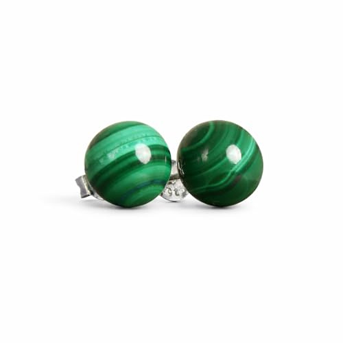 Budawi® Malachit Kugel Ohrstecker 8 mm | 925 Sterling Silber Edelstein Ohrringe | grüner Naturstein im Organzasäckchen