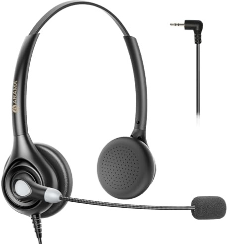 Arama Cordless Phone Headset with Microphone, 2.5mm Jack Telephone Headset for Office Landline, Noise-Cancelling Mic & Volume Control, Wired Headphones Compatible with Panasonic AT&T Vtech Uniden