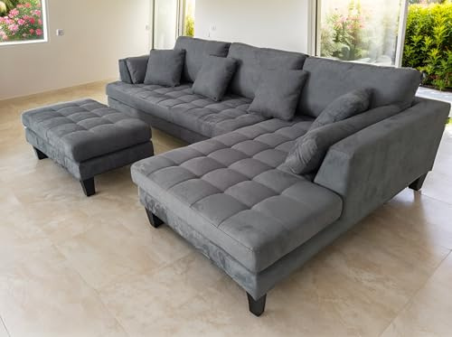 Stendmar 3pc 120 L Shape Removable Cushion Contemporary Dark Grey Microfiber Fabric Sectional Sofa Couch Set S168RDG (Dark Grey, 120 Right Hand Facing)