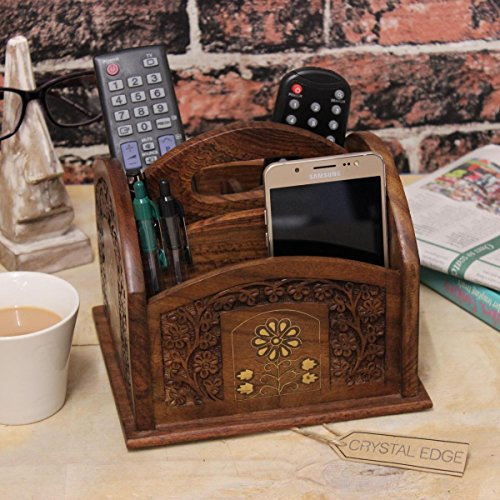 Indian Hand Carved Remote Control Rack with Brass Inlay 5 Compartments Caddy