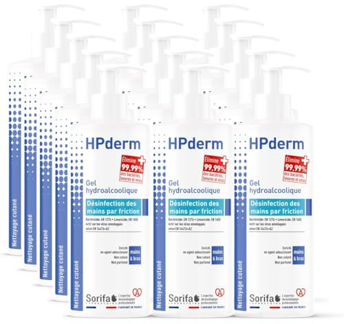 Lot de 15 HPderm Gel hydroalcoolique pour la désinfection des mains - Flacon pompe 500 ml