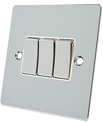 Alliance Electrical FPC3GSWIWC Polished Chrome Flat Black Insert Metal Rocker Switches-10 Amp Triple 3 Gang 2 Way Light Switch, 240 V