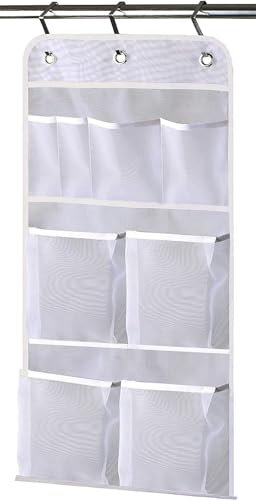 MISSLO Shower Hanging Storage Rail Waterproof Mesh Pockets Caddy Hold 340oz/1000ml Shampoo Organiser Over the Door Hooks, White