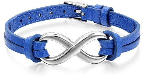 JewelryWe Schmuck Herren Damen Armband, Infinity Zeichen Charm Armreif, Leder Echtleder Edelstahl, Blau Silber
