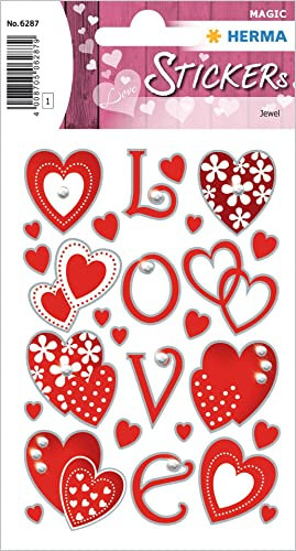 HERMA 6287 Aufkleber Herzen Glitzer klein groß, 26 Stück, Herz Sticker in rot, Etiketten in Herzform für Valentinstag Liebe Hochzeit Geburtstag Scrapbooking Dekoration Geschenk Briefe DIY Basteln