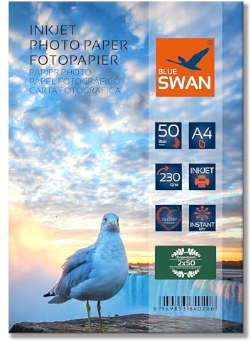 BLUE SWAN Fotopapier A4, 230 g/m², 50 Blatt, Hochglanz Weiß, Wasserabweisend, Schnell Trocknend, Hohe Farbbrillanz, Kratzfest, Kompatibel mit Canon HP Epson Brother Inkjet-Druckern