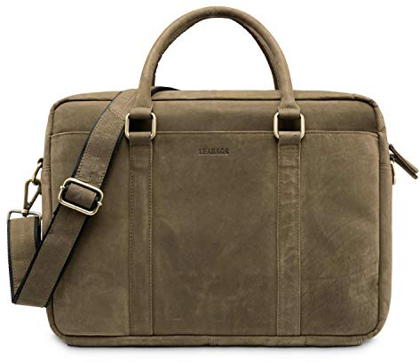 LEABAGS Sac à Bandoulière en Cuir Véritable 16 Pouces | Pour Hommes et Femmes | Ordinateur Portable, Messager, Travail, Enseignant | Avec Sangle d'Épaule | Vert Naturel
