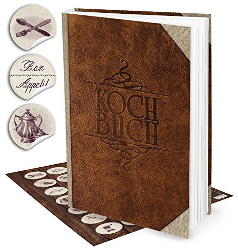 Logbuch-Verlag Geschenk Set Rezeptbuch zum Selberschreiben in Lederoptik DIN A4 braun vintage + Küchenaufkleber beige - Lieblingsrezepte sammeln Geschenkidee