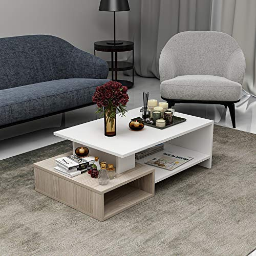 Homidea DUX Couchtisch - Moderner Wohnzimmertisch in trendigem Design mit extra Ablagefläche aus Holzwerkstoff (Weiß/Avola)