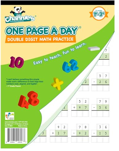 Channie's One Page A Day arbetsbok, dubbelsiffrig tillägg & subtraktion matematikövningskalkylblad, 50 sidor, 1st, 2:a och 3: klassnivå, storlek 8,5 tum x 11 tum