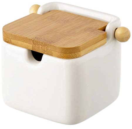 D'CASA Azucarero Blanco Stoneware 8 x 10,50 x 8 cm con Tapa de bambú, 8x10,5x8 cm