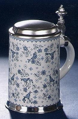 Bierseidel Bier-Krug Porzellankrug mit Zinndeckel Vogelesdekor #176-ZF