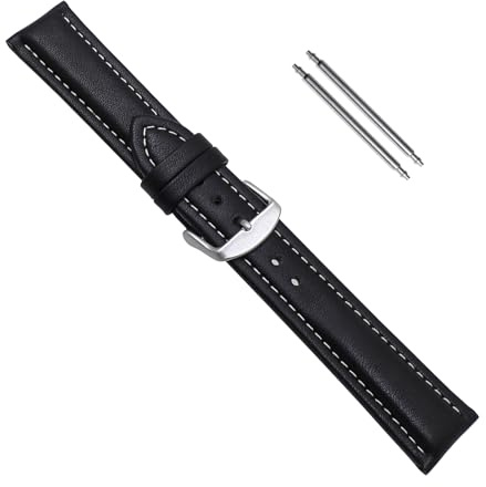 Uhrbanddealer Uhrenarmband Herren 22mm XL, Ersatzband Chrono Extra Lang, Kalbsleder Schwarz matt, Helle Naht, Set 1648221s