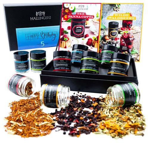 Hallingers Happy Birthday - 5 Sorten Tee Geschenkset zum Geburtstag, vegan & glutenfrei in Schraubgläsern (Set) - Geschenk im Sommer & als perfektes Grillgeschenk | Geburtstag Glückwunsch Genesung Jah