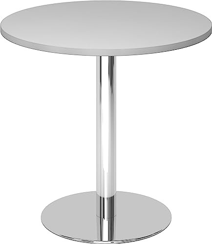 bümö Besprechungstisch, Esstisch klein, Tisch rund 80 cm - Kleiner Esstisch grau, Rundtisch Esstisch 2 Personen mit Holz-Platte, Säule aus Metall verchromt, Konferenztisch, Bistrotisch
