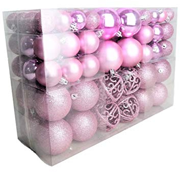 Geschenkestadl 100 Weihnachtskugel Rosa glänzend glitzernd matt Christbaumschmuck bis Ø 6 cm Baumschmuck Weihnachten Deko Anhänger, aus Kunststoff