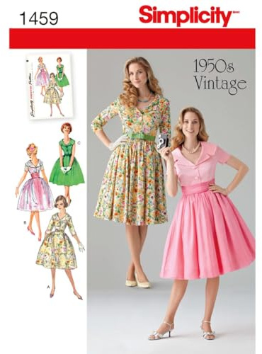 Simplicity Sewing Pattern 1459 Miss Petite 1950's Vintage Dress, Size, Paper, White, K5 (8-10-12-14-16)