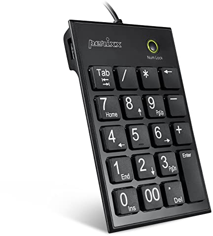 Perixx PERIPAD-202HB, Numeric Keypad for Laptop - USB - Built-in 2xUSB Hub - Tab Key Feature - Full Size 19 Keys - Big Print Letters - Silent X Type Scissor Keys - Black