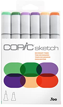 COPIC Sketch Set Secondary Tones, 6 Twin Marker mit einer mittelbreiten und einer Brush-Spitze
