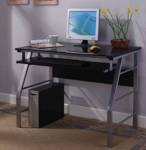 King's Brand 2950 - Mesa de Trabajo para Ordenador de Oficina o Escritorio, de Cristal y Metal, Acabado Plateado