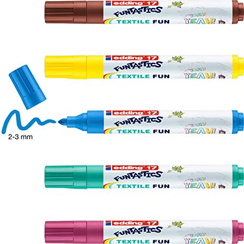 edding 17 FUNTASTICS TEXTILE FUN Kindertextilmaler - gelb, braun, blau, rot, grün - 5 Stifte - Rundspitze 2-3 mm - Textilstifte waschmaschinenfest (60° C) zum Stoff bemalen - edding für Kinder