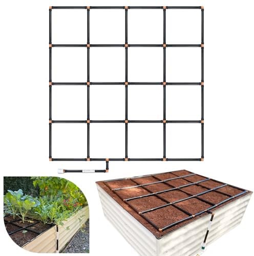 Sistema de riego de rejilla de jardín | Kit de riego por goteo premontado, manguera de remojo y rociador, en uno | Jardinería de pies cuadrados, jardines de cama elevada, macetas, contenedores - 4 x 4