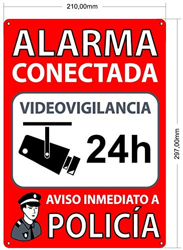 Cartel Videovigilancia A4 con Adhesivo y Agujeros para Fijación | Zona Videovigilada | Placa Disuasoria en PVC Flexible| Cartel Camara Vigilancia | Aviso Zona Videovigilada con Alarma Conectada |