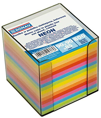 DONAU 7492001PL-99 Ökologischer Würfel Zettelkasten/ Zettelbox/ Zettelklotz Nicht Verklebt, in Einer Kunststoff Box/ circa 700 Blatt, Verschiedene Leuchtfarben für Büro Schule, 95 x 95 x 95 mm