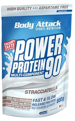 Body Attack POWER PROTEIN 90 - Stracciatella - 500g Beutel - Mehrkomponenten Protein Pulver, Made in Germany - Mit BCAA, Vitaminen & L-Carnitin - Protein Shake extra cremiger Geschmack