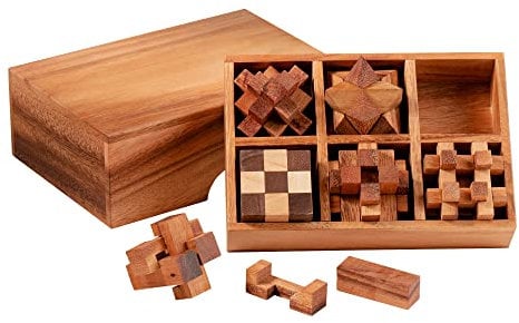 Knobelspiel 6er Set, Knobelspiele für Erwachsene, IQ Puzzle Set, Geduldspiele für Kinder, 3D Holz Puzzle Rätselbox, Geschicklichkeitsspiele, Geschenke für Adventskalender, Mini Rätselspiele