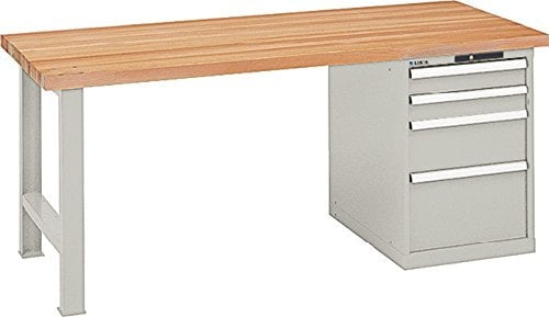 LISTA Werkbank, 1 Fuß, 1 Schubladenblock, 4 Schubl. 2x100, 1x200, 1x300 mm, Zylinderschloss, Multiplexpl. 40 mm, BxTxH 2000x750x840 mm, RAL 7035 lichtgrau