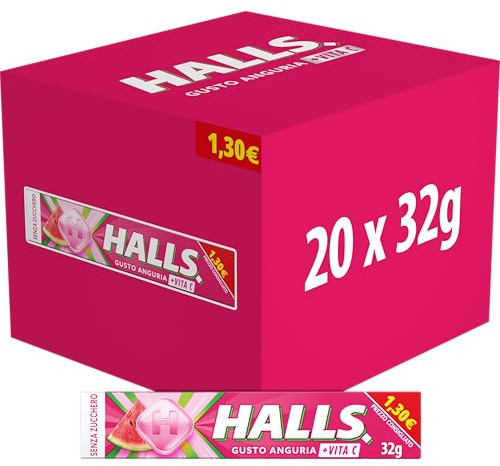 HALLS Anguria, Caramella senza zucchero, 20 sticks da 32 grammi