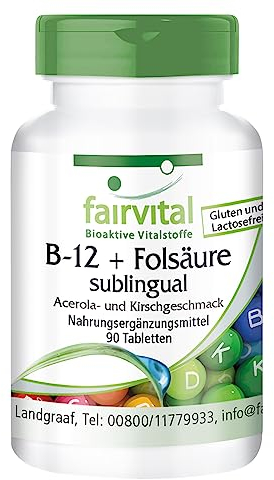 Fairvital | Vitamina B12 con Ácido Fólico - Metilcobalamina sublingual 500µg + Vitamina B9 100µg - Sabor a Cereza y Acerola - Rápida absorción - VEGANA - 90 Comprimidos - Calidad Alemana