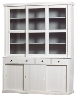 WOOOD Lagos Vitrinenschrank Weiß - Highboard Schrank aus Kiefer Holz Wohnzimmerschrank Esszimmerschrank mit Glastüren 214x166x48 cm