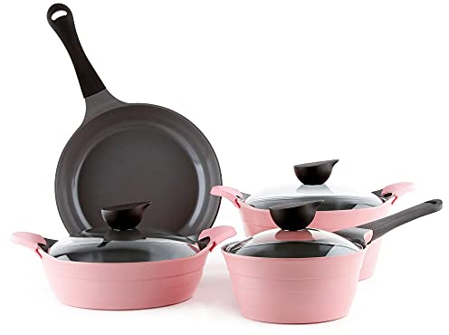 Neoflam 51266 Eela Topf- und Pfannenset mit Keramikbeschichtung, antihaftbeschichtet, mit Stielkasserolle, Suppentopf, Glasdeckel, Silikon-Griff, 7-teilig, Aluminium, Rose